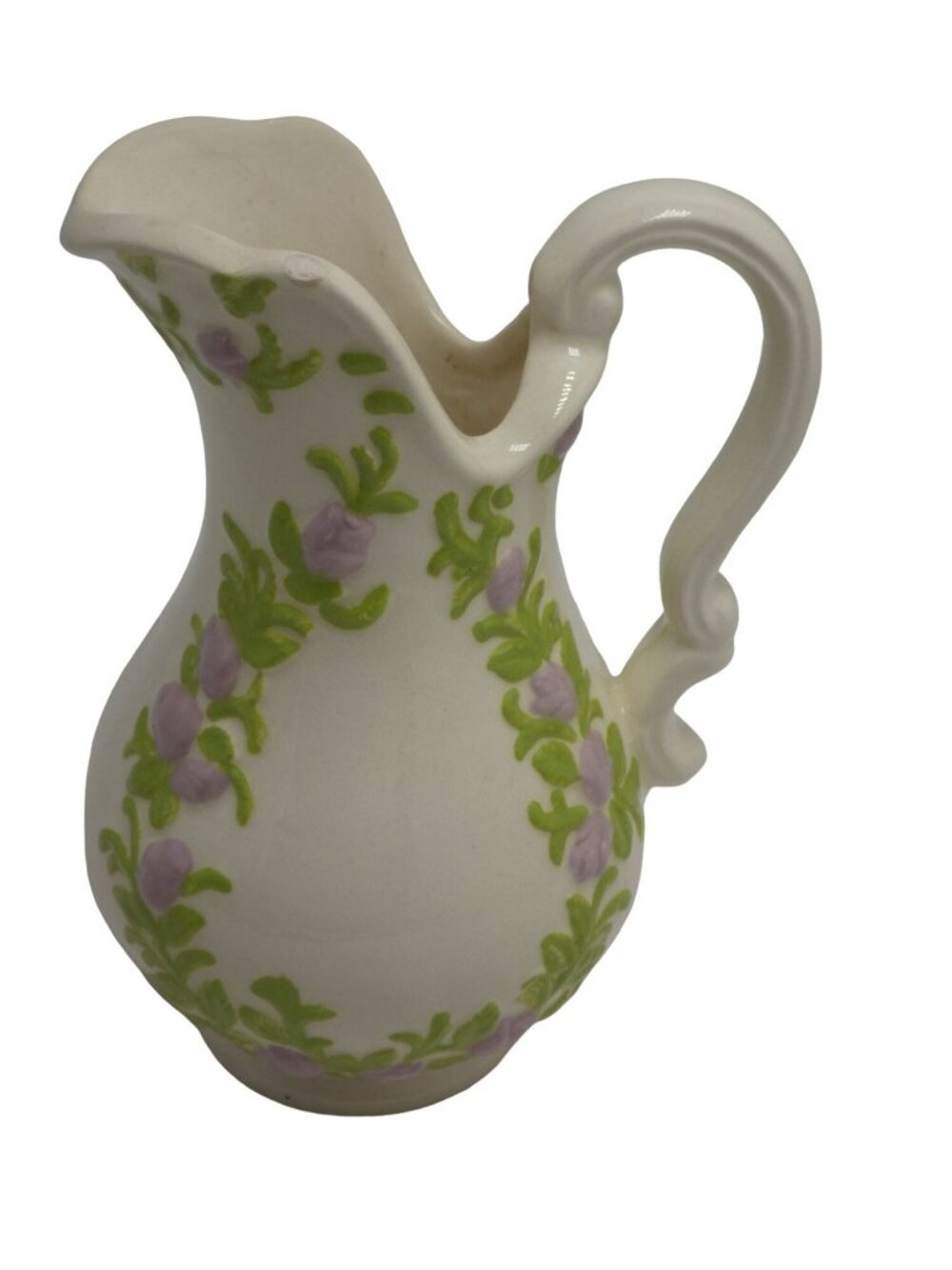 Ceramic Floral Pitcher Vase Lavender Green Vintage Hand Painted Farmhouse